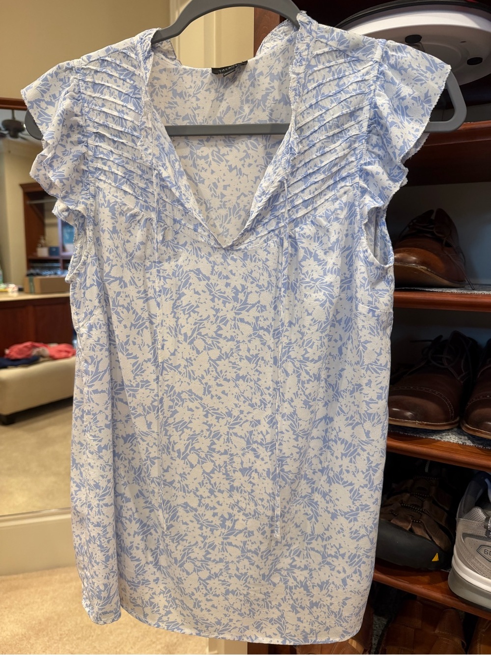 Talbots White and Light Blue Floral Cap-Sleeve Blouse